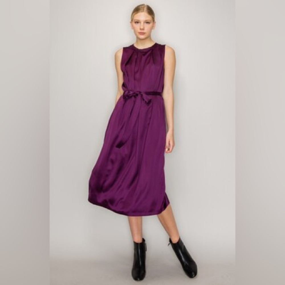 NWOT MELLODAY Pleated Satin Midi Dress in Deep Purple Size X-Small